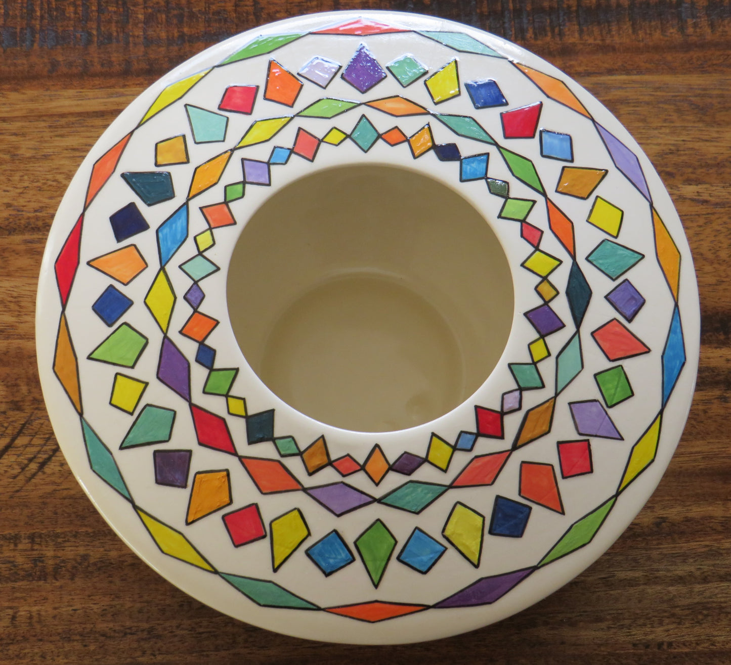 Geometric handpainted ceramic vase or table centre piece by Georgie Waldron