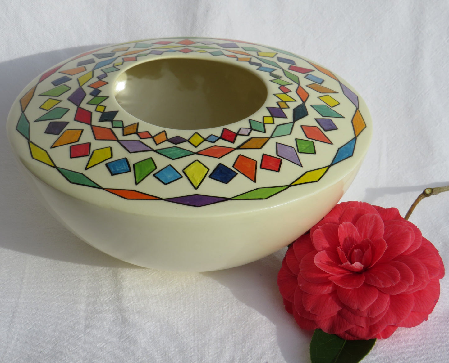 Geometric handpainted ceramic vase or table centre piece by Georgie Waldron