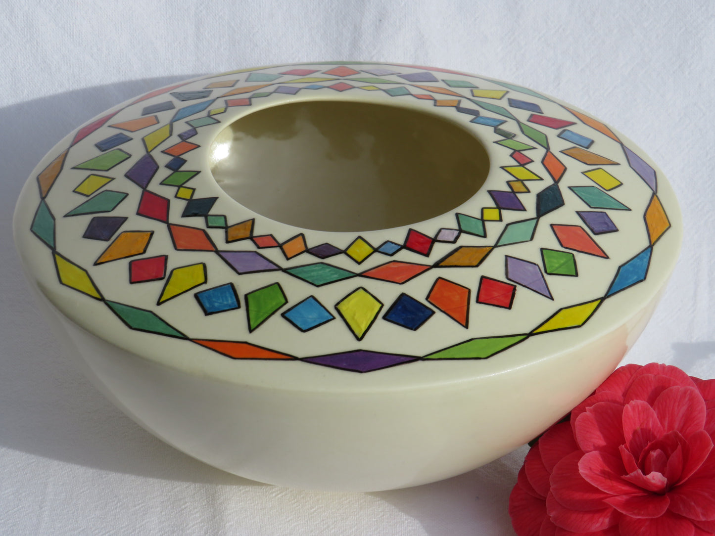 Geometric handpainted ceramic vase or table centre piece by Georgie Waldron