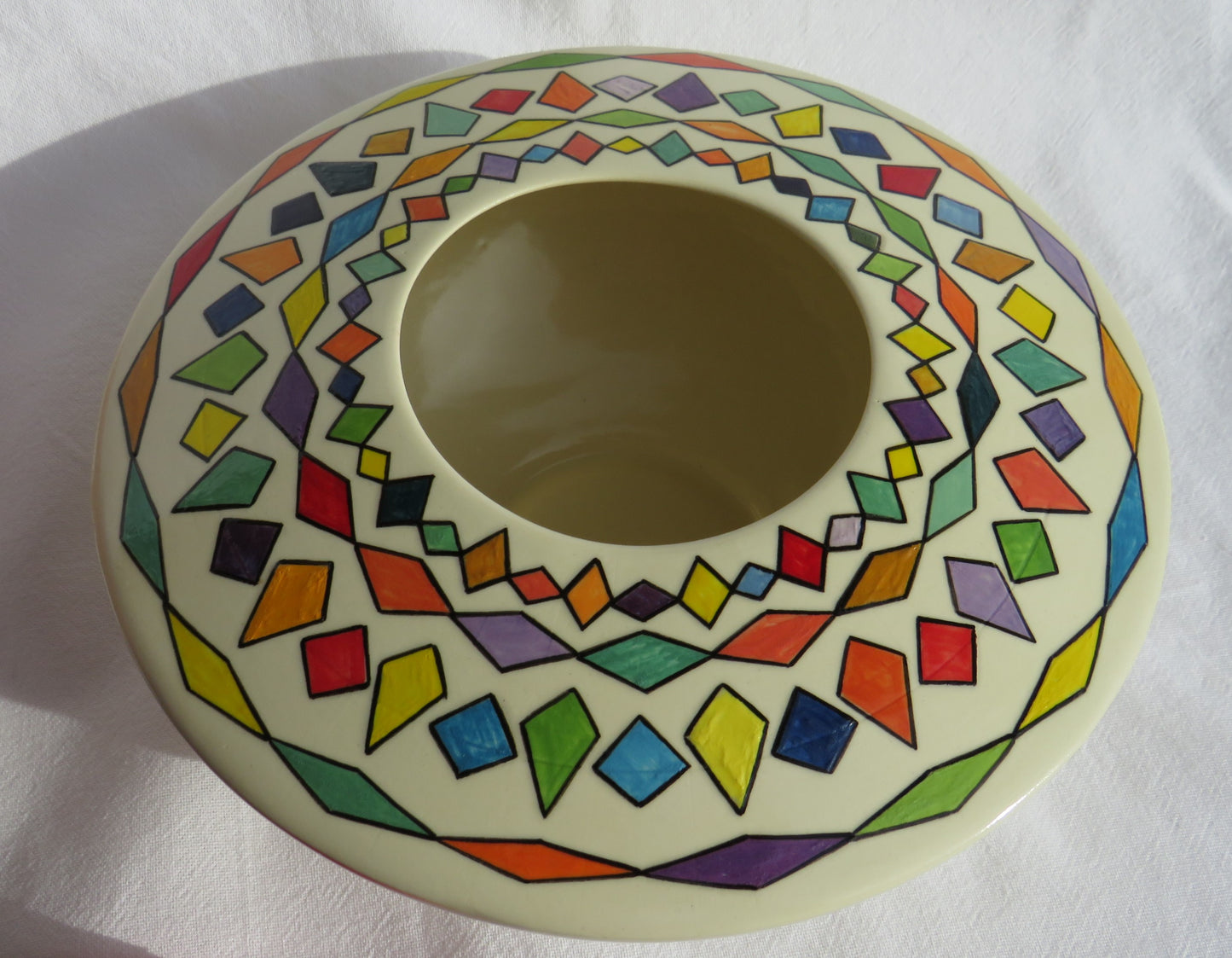 Geometric handpainted ceramic vase or table centre piece by Georgie Waldron